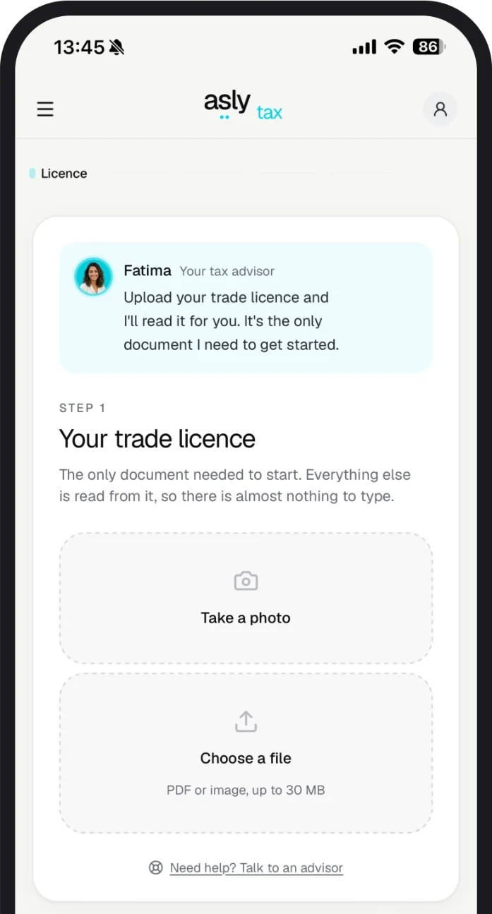 asly tax step 01 — Upload your trade licence