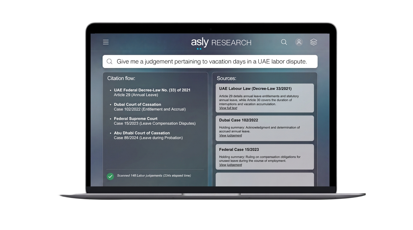 asly research answering a UAE labour law question with citations to Federal Decree-Law 33/2021 and Dubai, Federal and Abu Dhabi court judgments