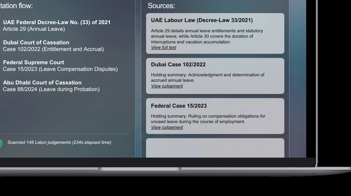 asly research answering a UAE labour law question with citations to Federal Decree-Law 33/2021 and Dubai, Federal and Abu Dhabi court judgments